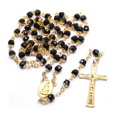 Black Crystal Gold Rosary Necklace