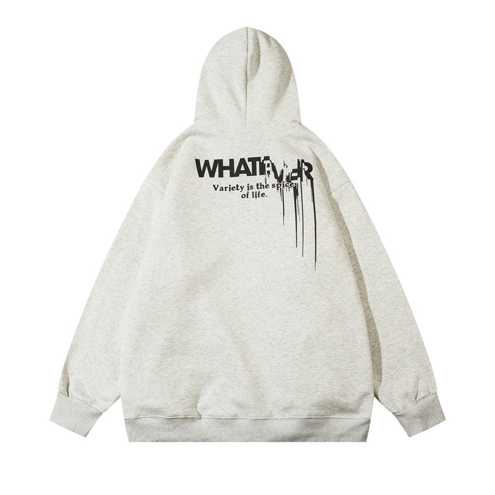 Maramalive™ Fuzzy Hooded Sweater: Cozy Men's Pullover for Chilly Days with the word "WHATEVER" in bold black letters and the phrase "Variety is the spice of life" printed beneath it on the back, along with black vertical lines.