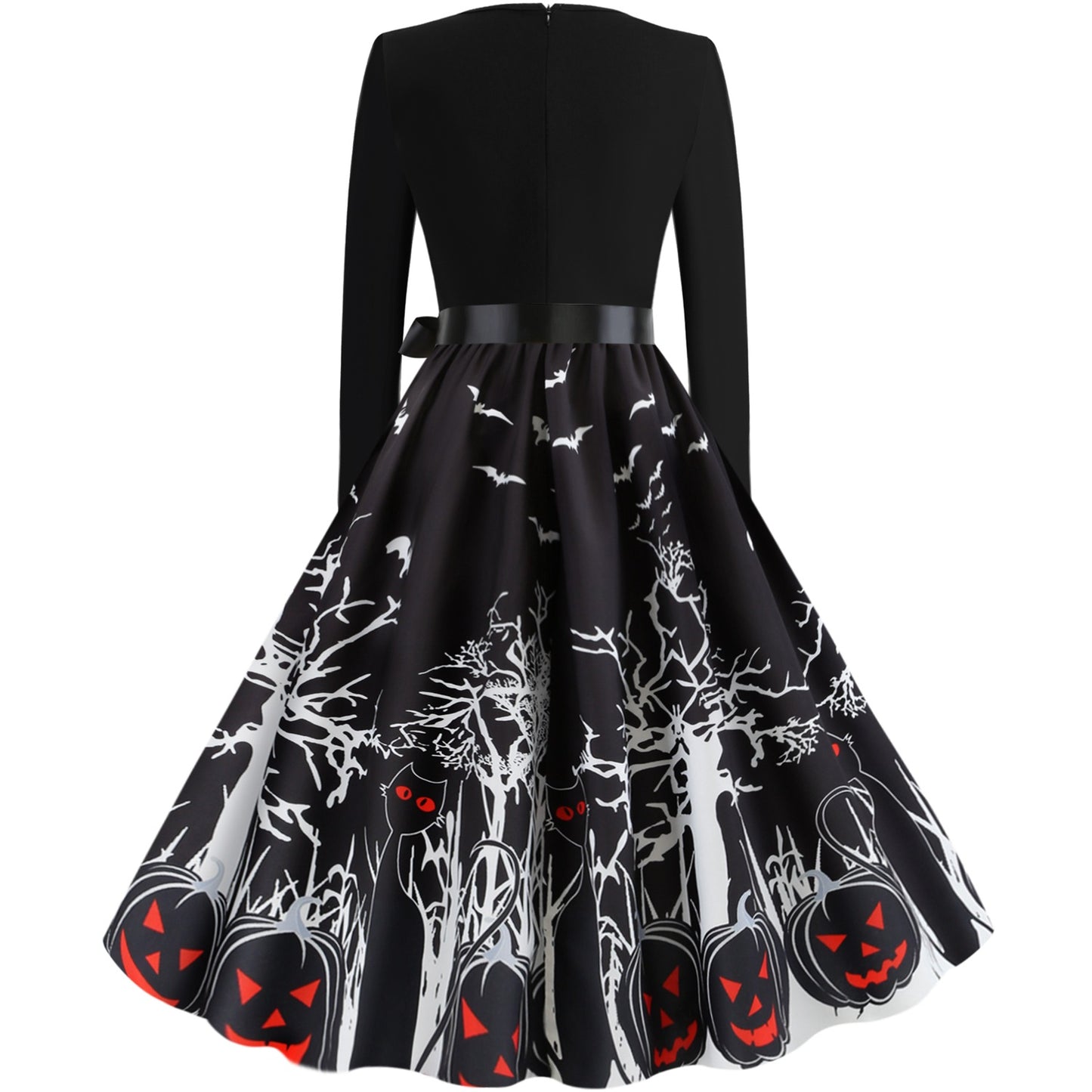 A Maramalive™ Halloween Retro Floral Print Swing Dress with pumpkins on it.