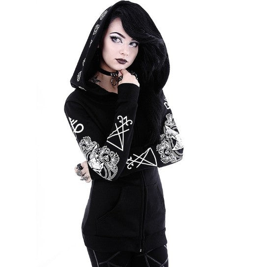 A rebellious woman donning a Wicked Wonder Hoodie - Gothic Punk Print Hoodies Sweatshirts Women Long Sleeve in her punk rock dream. (Brand: Maramalive™)