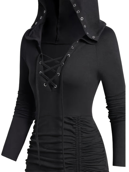A close-up of a Cross Tie Drawstring Ruched Hooded Tunics, Versatile Long Sleeve Solid Hooded Top from Maramalive™ featuring a hood, lace-up front, long sleeves, and ruched details on the sides—perfect as a fall/winter outfit.