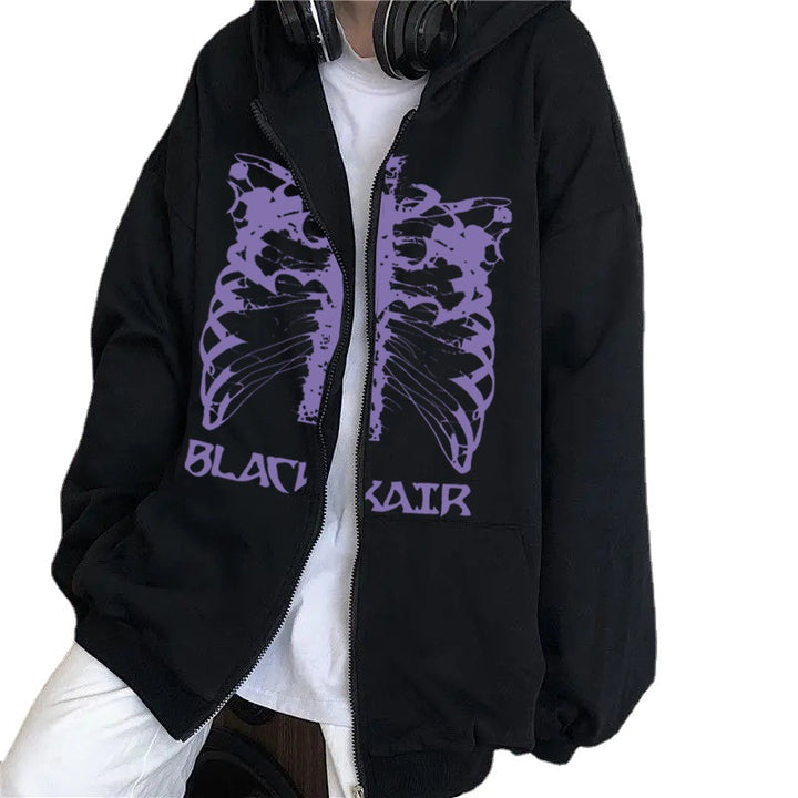 Person wearing a Maramalive™ Men's Skeleton Zipper Hooded Sweatshirt with a purple ribcage design and the words "BLACK AIR" printed on the front. White shirt and headphones also visible.