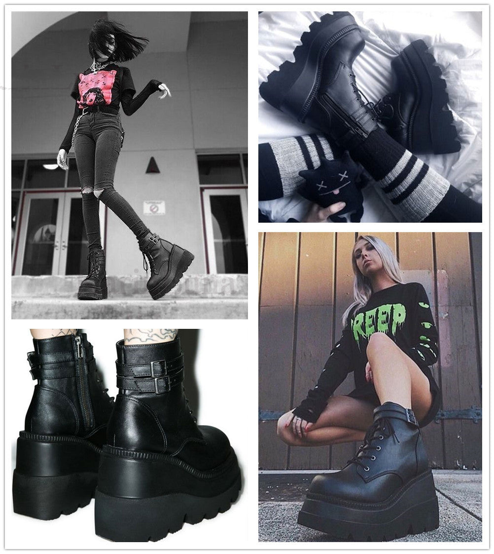 A woman wearing Maramalive™ Dark Gothic Wedge Platform Ankle Boots in a bold black and green color combination, showcasing a unique design.