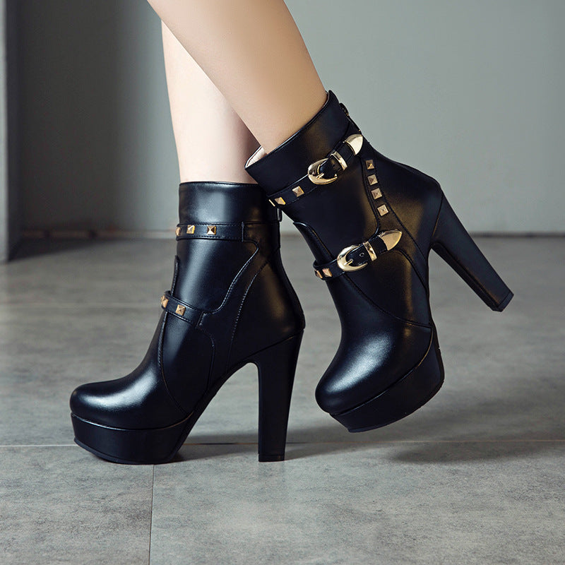 Women's studded thick heel short boots