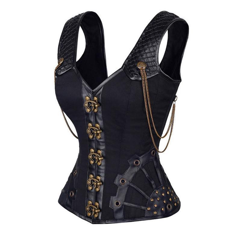 A black and gold Steampunk Corset with brass studs by Maramalive™.