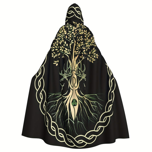 Wiccan witch in black hooded cloak costume.