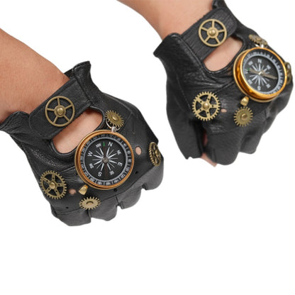 European And American Steampunk Leather Gloves Gear Half Finger Gloves Compass Retro