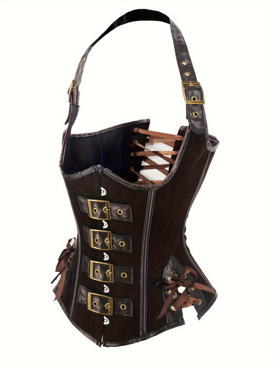 Corset Lace Up Halter Neck Top, Sleeveless Buckle Decor Carnival Costume, Women's Clothing