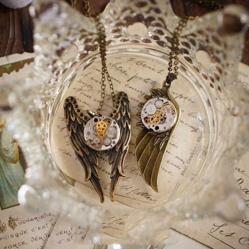 A Maramalive™ Vintage Steampunk Mechanical Watch Angel Wings Necklace.
