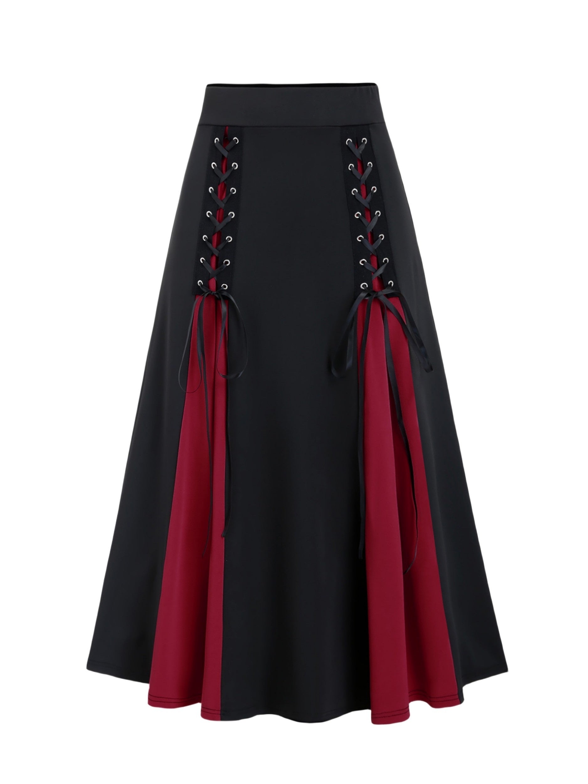 Plus Size Goth Skirt, Women's Plus Colorblock Grommet Lace Up Medium Stretch A-line Skirt