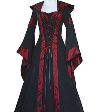 A Maramalive™ Halloween Stage Victorian women's dress Stepping into the Past with a hood, crafted from polyester fiber.