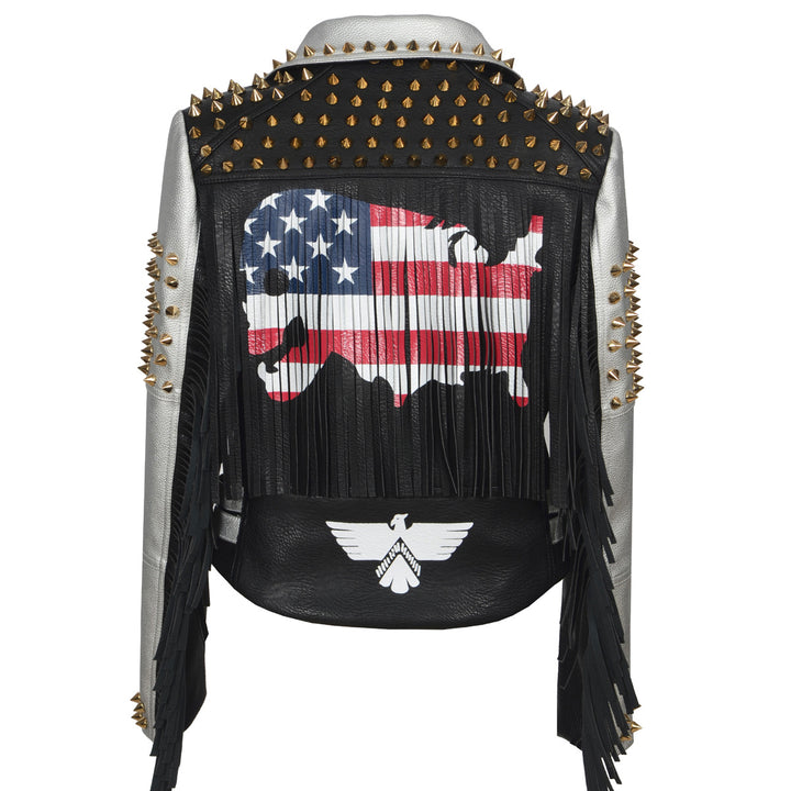 An edgy women's rock graffiti leather jacket adorned with studs and patches, showcasing a rebellious punk style by Maramalive™.