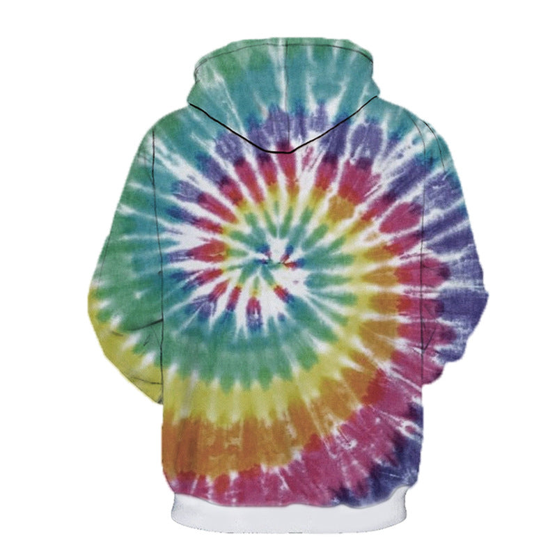 Back view of a European and American style tie-dye hooded pullover with a spiral pattern in green, blue, yellow, red, and purple colors. The hoodie has long sleeves and is made from polyester fiber. The product is the Maramalive™ 3D Digital Printing Couple Wear Trend Fashion Sweater Hoodie.