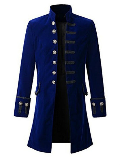 A Maramalive™ men's black velvet coat with silver buttons.