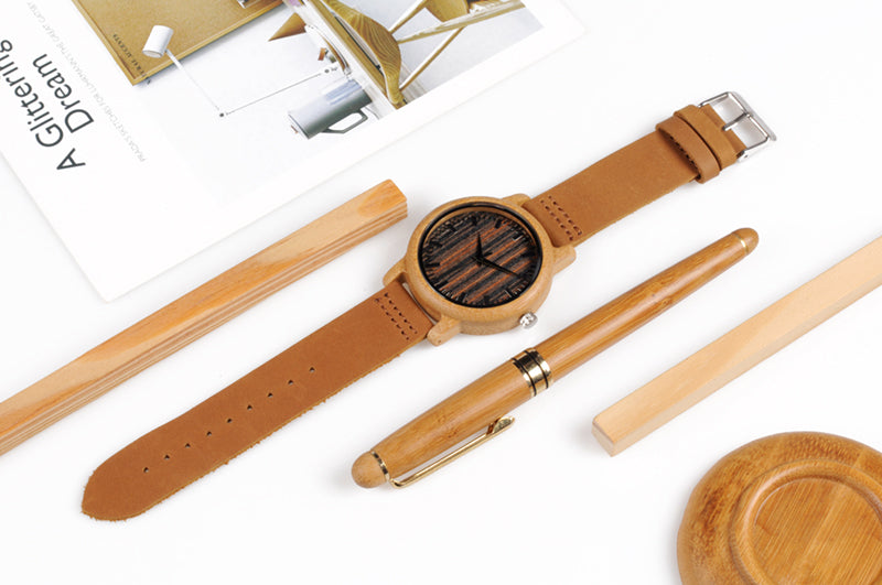 A Luxury Quartz Bamboo Watch with a wooden strap from Maramalive™.