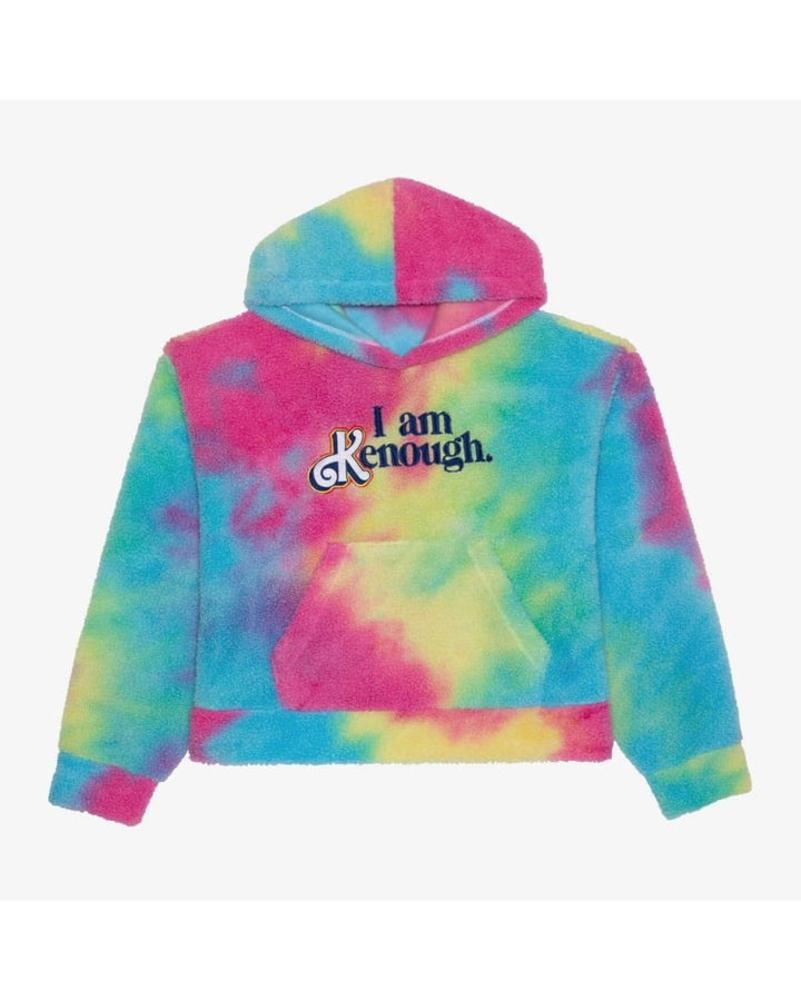 A Lamb Velvet Lazy Style Loose Tie Dyed Hoodie with a front pocket and hood, featuring a vibrant mix of blue, pink, yellow, and green colors. The text "I am enough." is printed on the front in bold, colorful letters. This stylish piece is from Maramalive™.