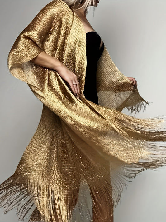 A person wearing a shimmering gold fringe shawl over a Maramalive™ Plus Size Split Tassel Top, Casual Open Front Top For Summer, Women's Plus Size Clothing, captured in motion against a plain background.