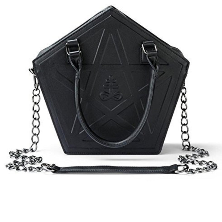 A Dark Gothic handbag by Maramalive™ with embossed chains and a pentagram design.