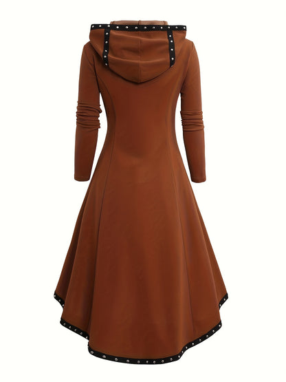 Contrast Trim High Low Hem Hooded Dress, Goth Long Sleeve Buckle Detail Dress, Women's Clothing