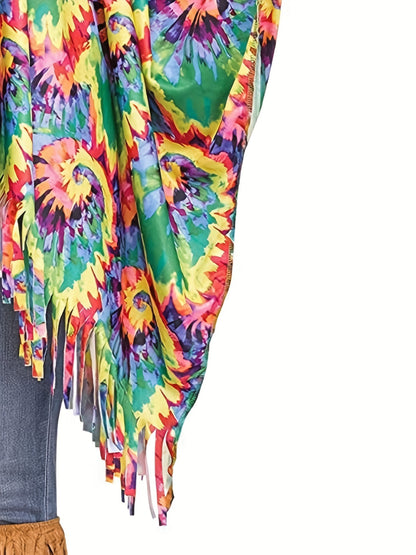 Tie-Dye Print Hippie Poncho, Colorful Halloween Costume, Women's Clothing