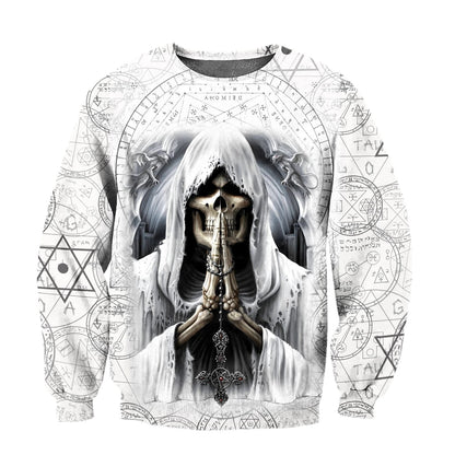 A Maramalive™ 3D Death Skull Halloween Guards white hoodie with an image of a skull and crossbones.