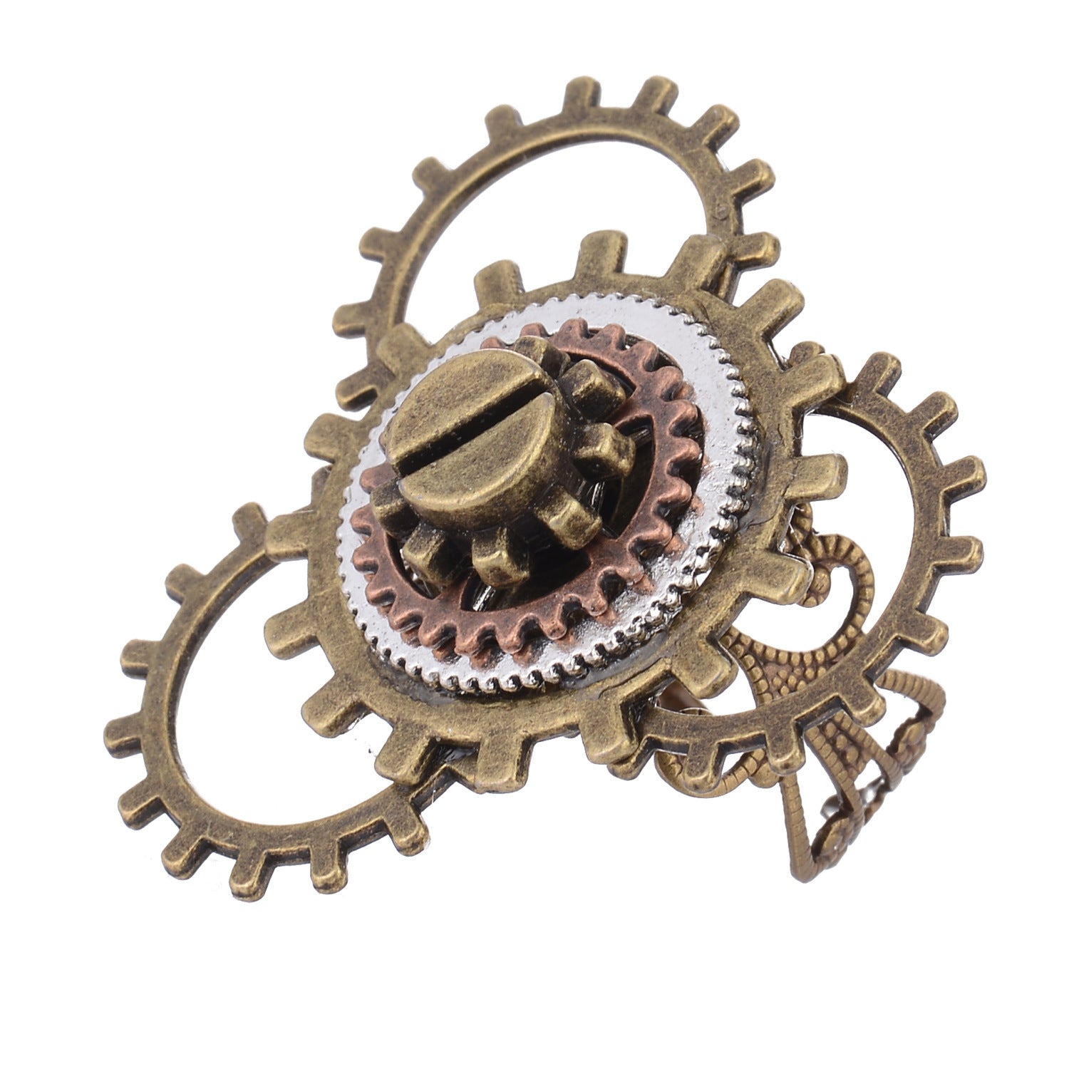 A woman's hand with a Maramalive™ Retro Steampunk 3 Ring Gear Ornament on it.