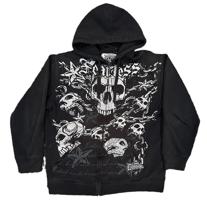 A Maramalive™ Punk Dark Skull Printed Hoodie Loose Zip Cardigan Sports Pullover Top featuring multiple skull graphics in white and gray patterns on the front, exuding a hip hop style.