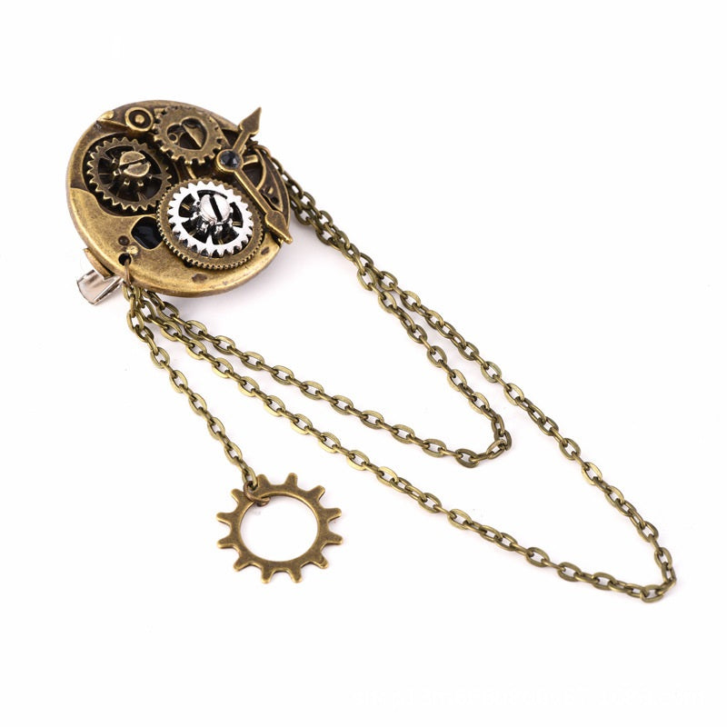 A Maramalive™ Steampunk Barrettes Accessories Clock Gear Brooch with a chain and a clock.