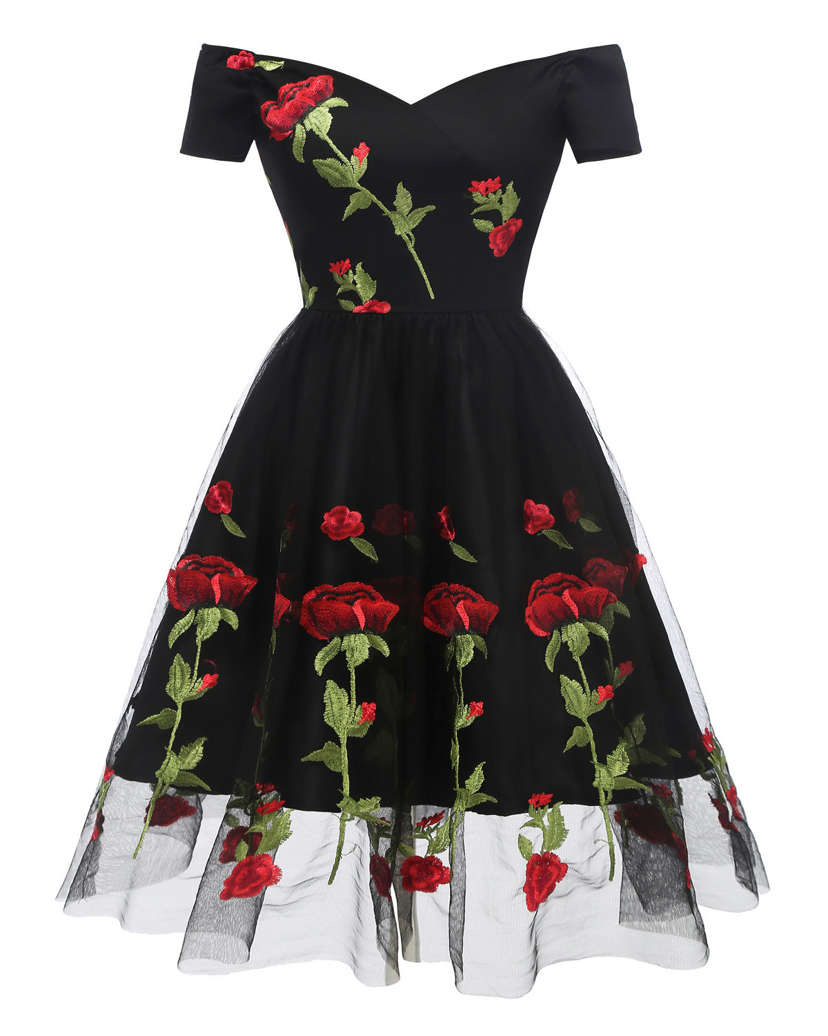 A black Maramalive™ evening dress with roses embroidered on it.