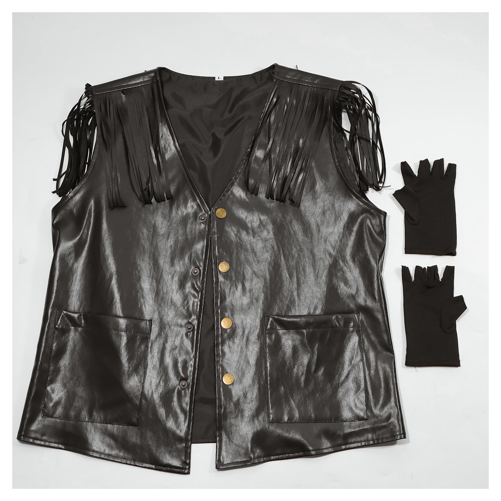 A Maramalive™ European Retro Vest For Men with fringe detailing and button closure, laid flat next to a pair of black fingerless gloves, offering a chic touch reminiscent of Harajuku style.