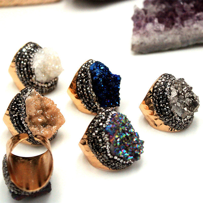 A group of Agate Crystal Rings with druzy stones and crystals, by Maramalive™.
