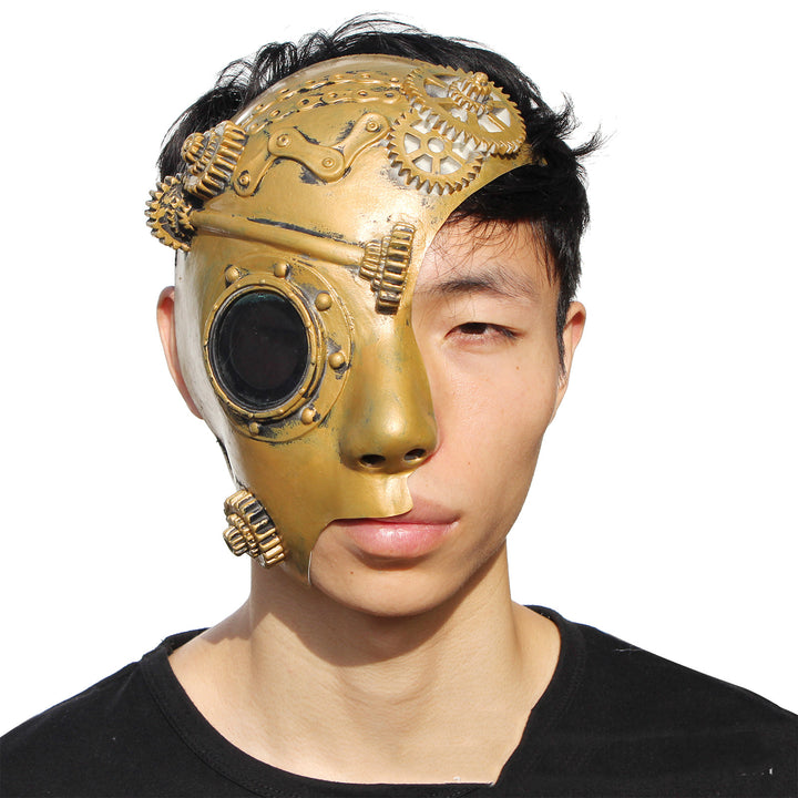 A man wearing a Maramalive™ Steampunk Half Face Props Anime Game mask with gears on it.