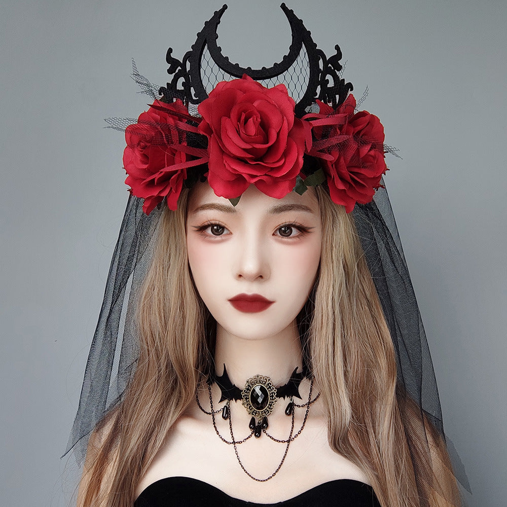 A Maramalive™ gothic queen wearing a black dress adorned with red roses, personifying the Gothic Style The Veil Between Worlds on Halloween.