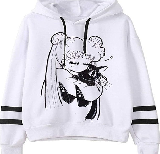 A white, Cozy Loose Fit Hoodie for Snug, Comfortable Warmth from Maramalive™, featuring a black and white illustration of an animated character hugging a cat, made from cozy and comfortable soft fleece fabric.