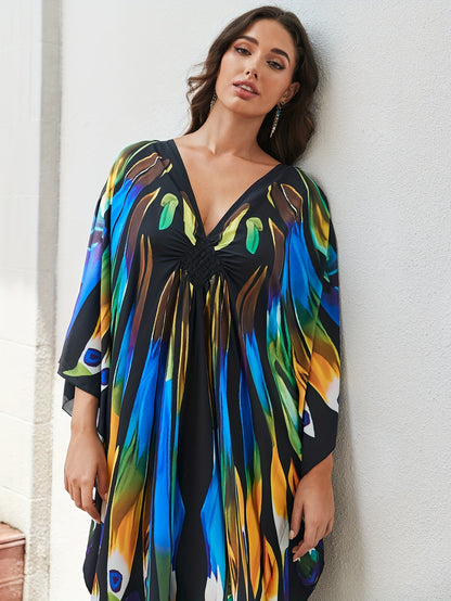 Plus Size Boho Cover Up, Women's Butterfly Print Chinese Knot Braided V Neck Maxi Loose Fit Beach Kaftan Dress