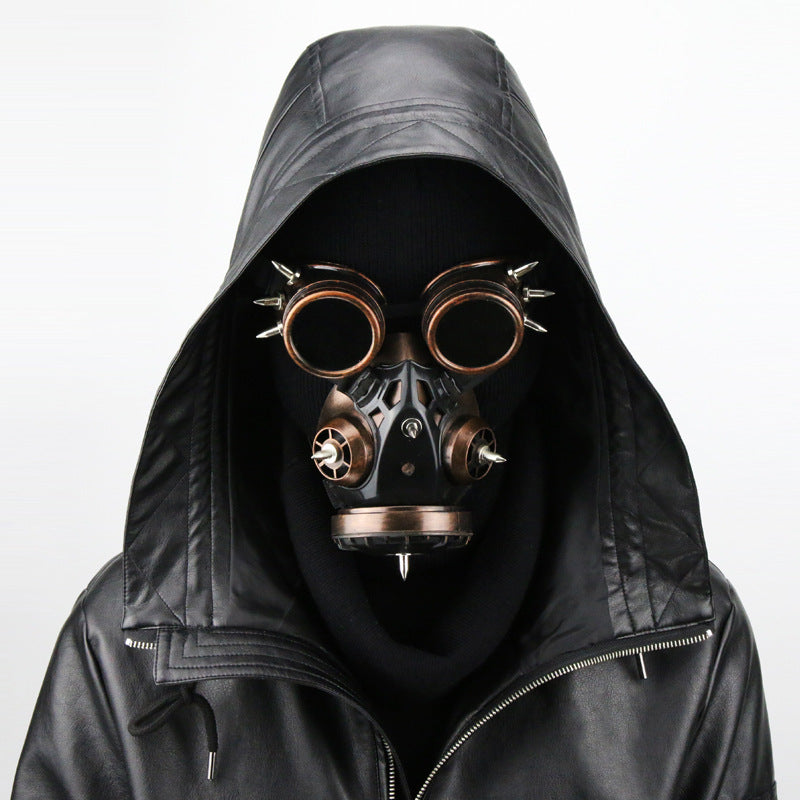 A man wearing a Maramalive™ Fashion Personality New Halloween Steampunk Mask and hoodie.
