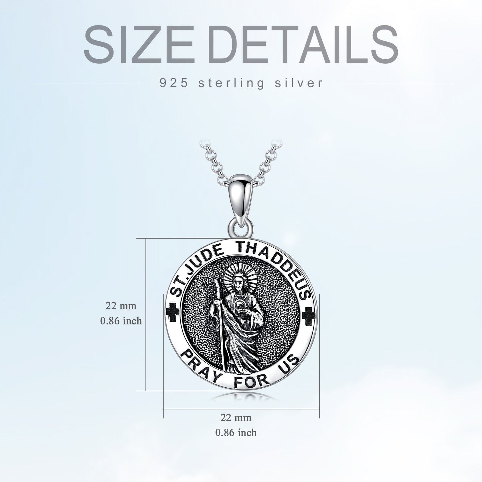 925 Sterling Silver Saint Jude Guardian Pendant Necklace size details