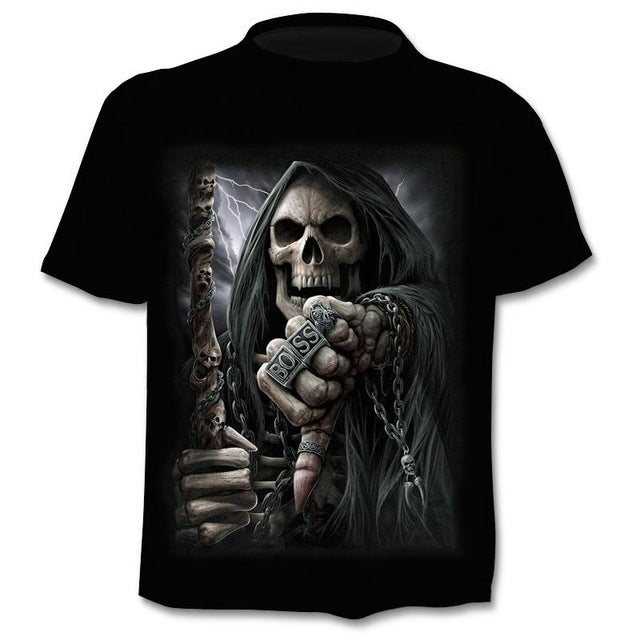 A Maramalive™ Punk Rock Rebellion T-shirt Men Punk Style Top Tees Skull Gothic with an image of a skeleton wearing a hat, perfect for Halloween costumes.