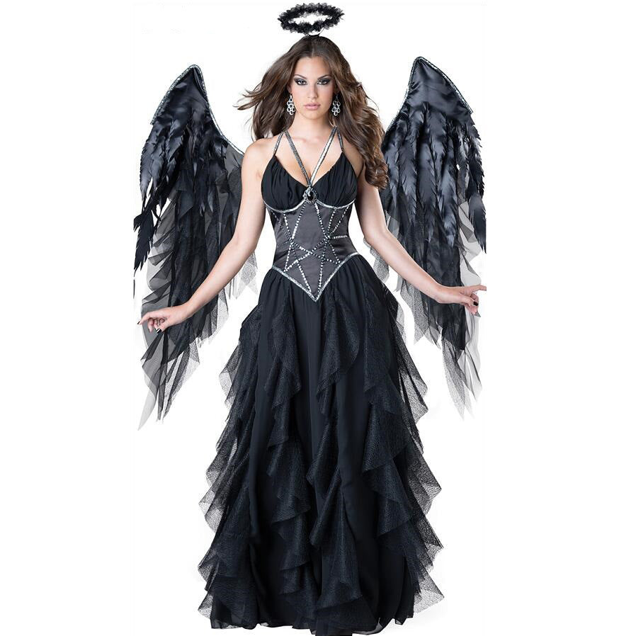 A woman in a black dress with smoky Forbidden Feathers: Halloween Demon Dark Angel Costume wings, wearing a fallen angel Halloween costume by Maramalive™.