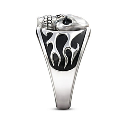 A Gothic Style Punk Rock Men's Ring with a skull and flames on it, by Maramalive™.