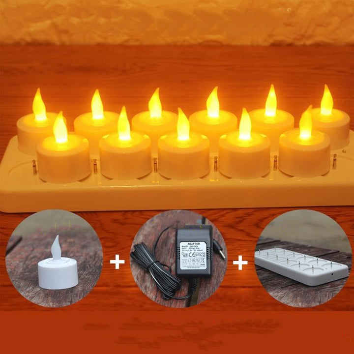 A set of Maramalive™ Rechargeable LED Electronic Candles, 12 Pack on a table next to a book.