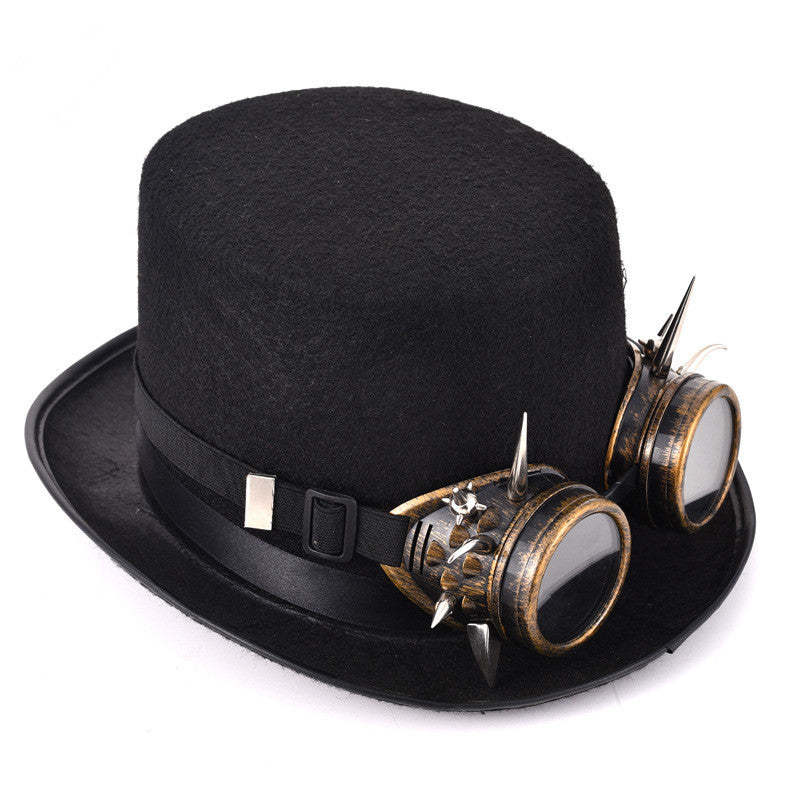 A Steampunk Rivet Glasses Top Hat Goth Punk Magic Hat Retro Clothing Accessories by Maramalive™ with goggles on top of it.