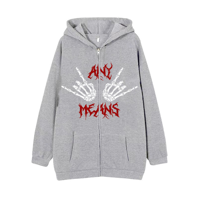 Grey cotton Dark Zipper Men's Sweatshirt Punk Hand Bone Print Hoodie with a front zipper, featuring a design of skeletal hands making a rock and roll gesture and the red text "Bad Means" on the front by Maramalive™.