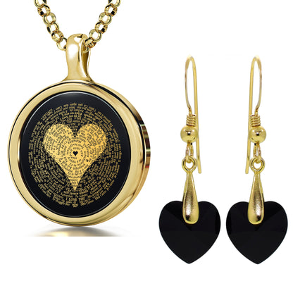 A Multilingual I Love You Necklace with 24k Gold Inscriptions and Crystal Heart Earrings by Maramalive™.