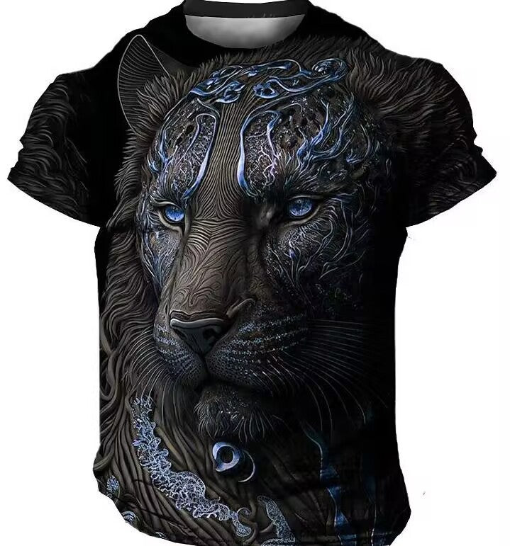 A black polyester fiber 3D Printed Men's Crew Neck Casual T-shirt from Maramalive™ featuring an intricate and dark-colored design of a lion's face with glowing blue eyes and abstract patterns, created using high-quality digital printing.