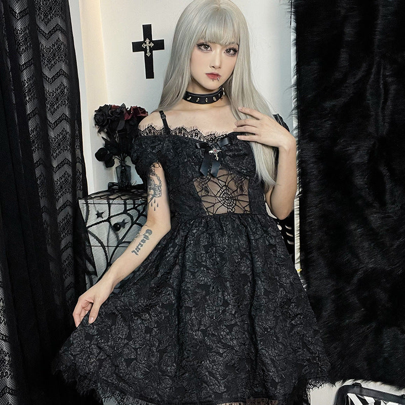 A girl in a Dark Halloween Gothic Short Dress by Maramalive™ posing for a photo.