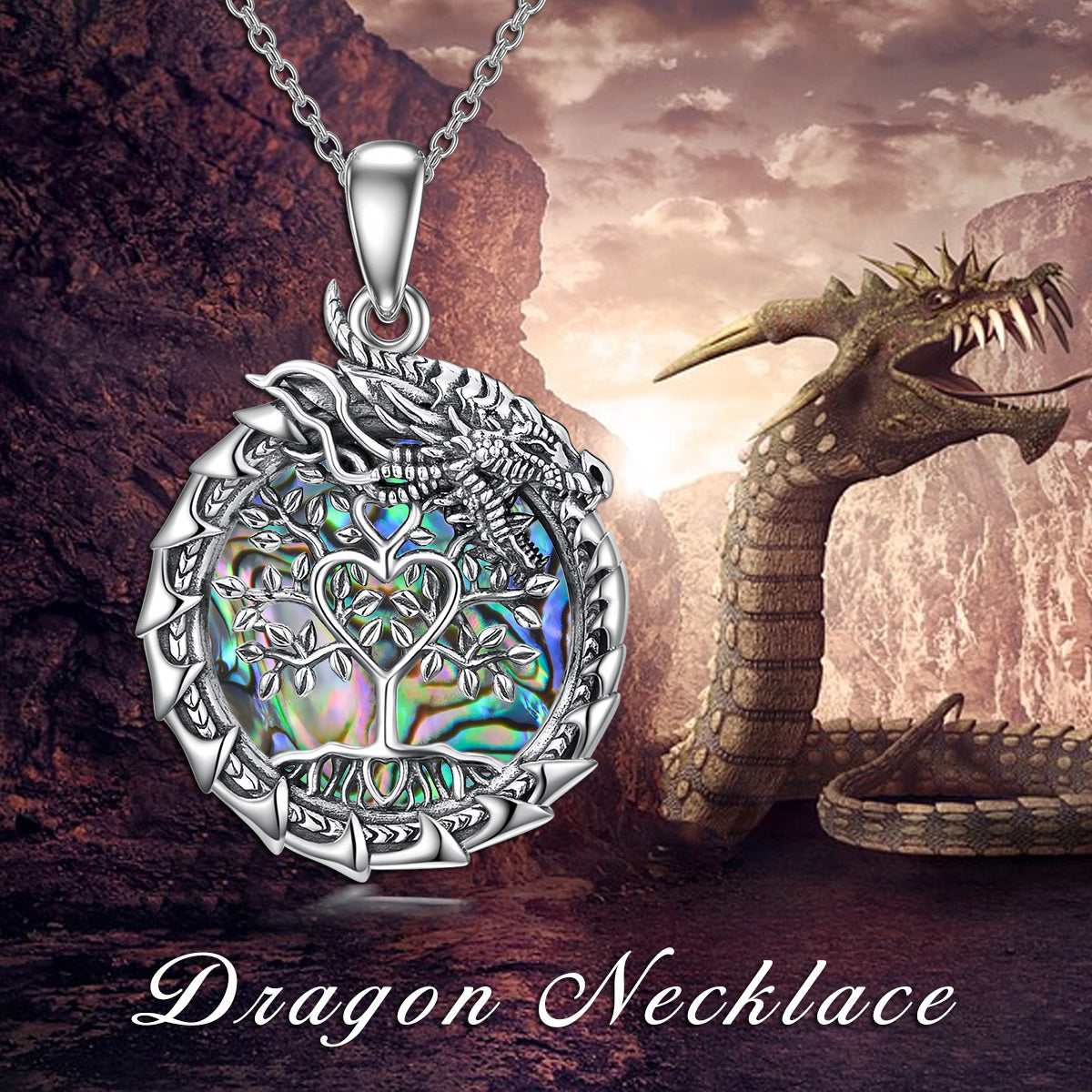 A Dragon Necklace Tree of Life Family Tree Necklace Abalone Shell Pendant Jewelry Gifts for Women Men by Maramalive™ with an image of a dragon and a tree.