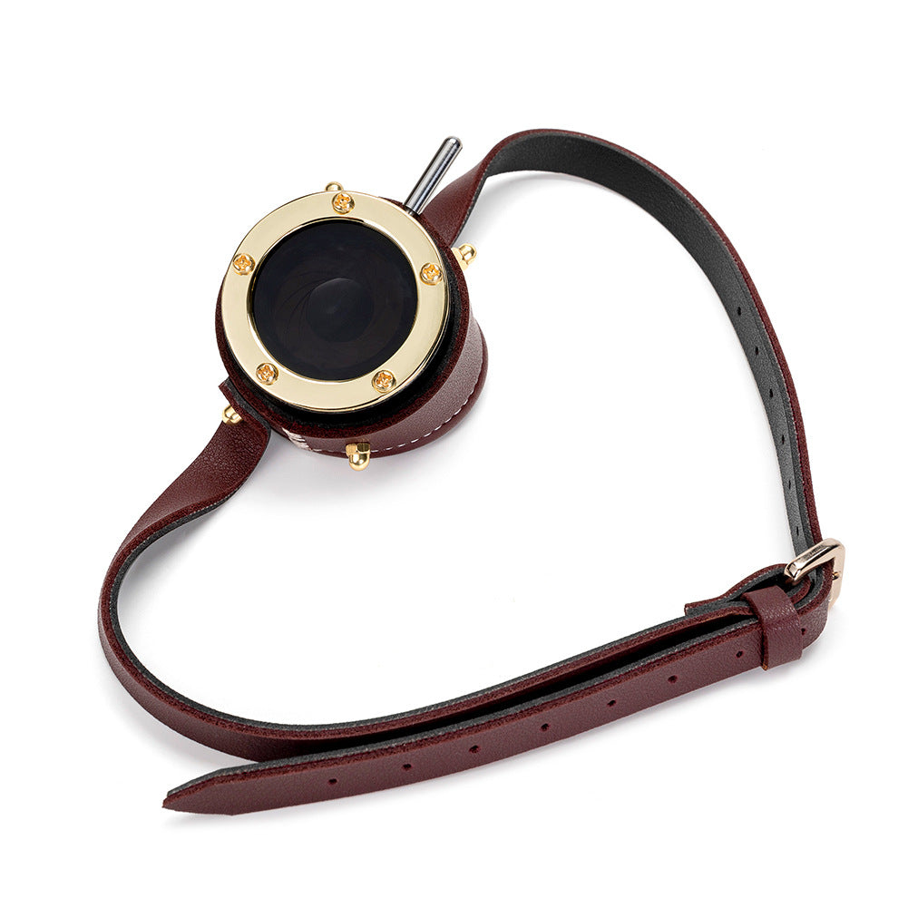 A burgundy leather strap with Halloween Steampunk Retro Goggles attached to it. (Brand Name: Maramalive™)