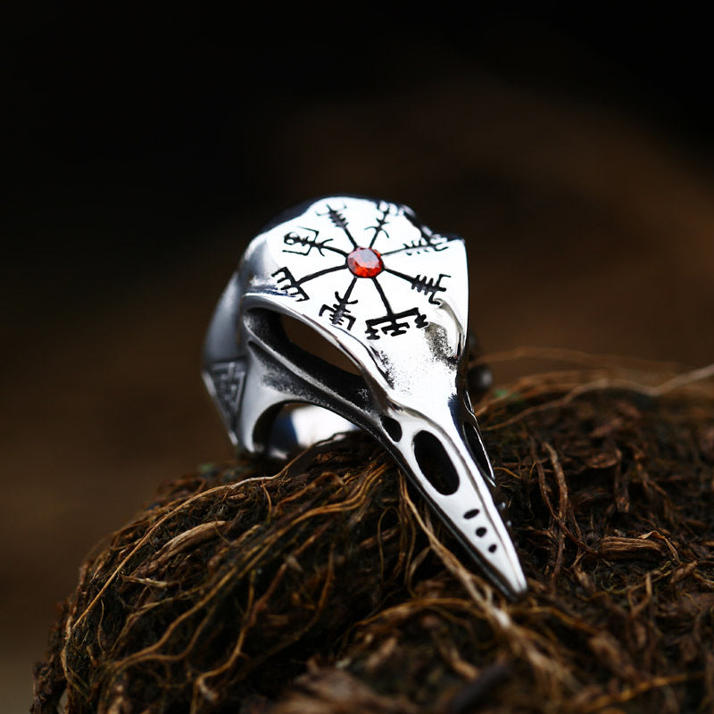 A Viking Crow Inlaid Jewel Vintage Compass Titanium Steel Men's Ring featuring a silver compass by Maramalive™.