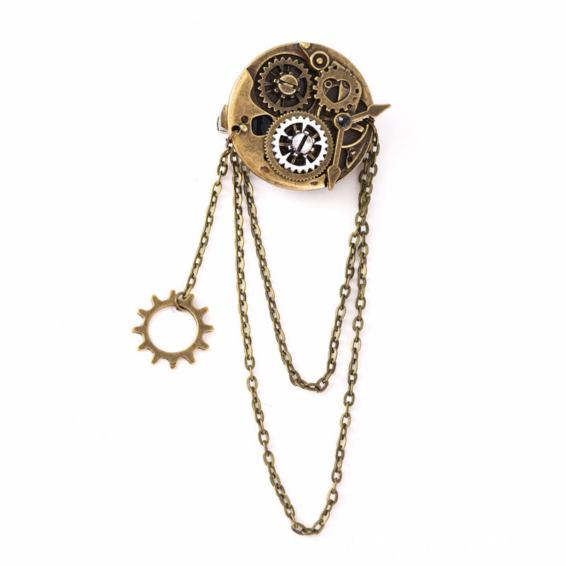 A Maramalive™ Steampunk Barrettes Accessories Clock Gear Brooch with a chain and a clock.